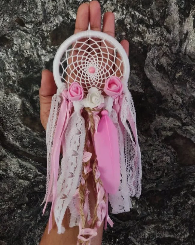 Boho lace dreamcatcher in embroidery hoop with ribbons and beads, trending lace craft ideas for Etsy and handmade home decor.