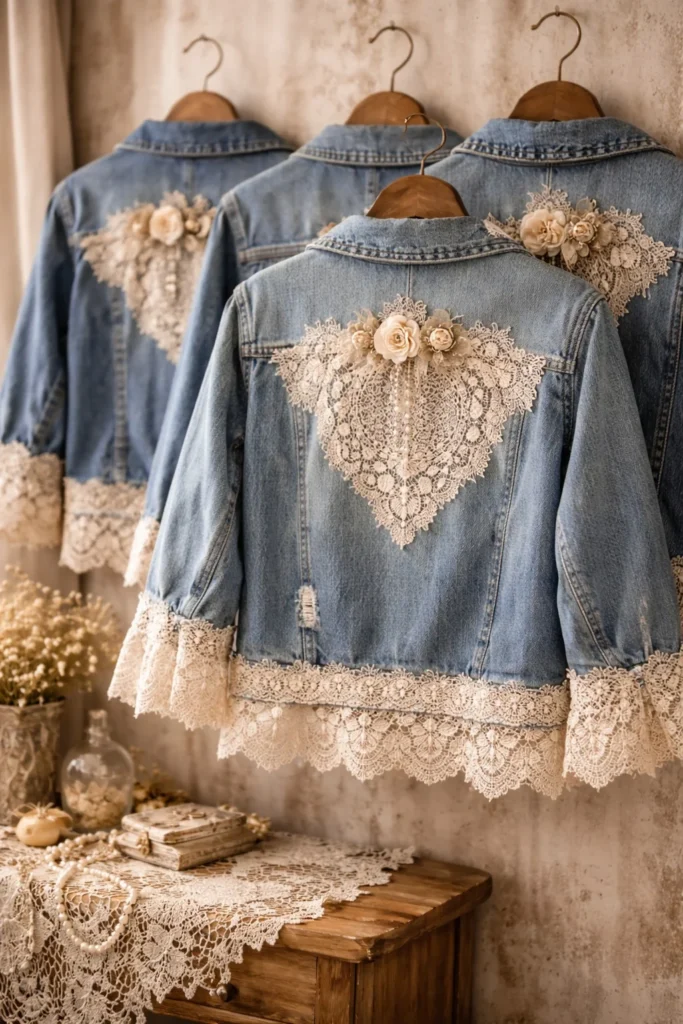 Upcycled denim jacket with lace trim, stylish vintage lace projects for handmade fashion and trendy sustainable clothing.