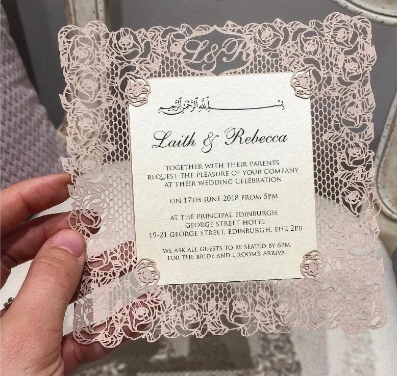 Romantic lace wedding invitations layered on kraft cardstock, highly profitable lace crafts for vintage or rustic weddings.