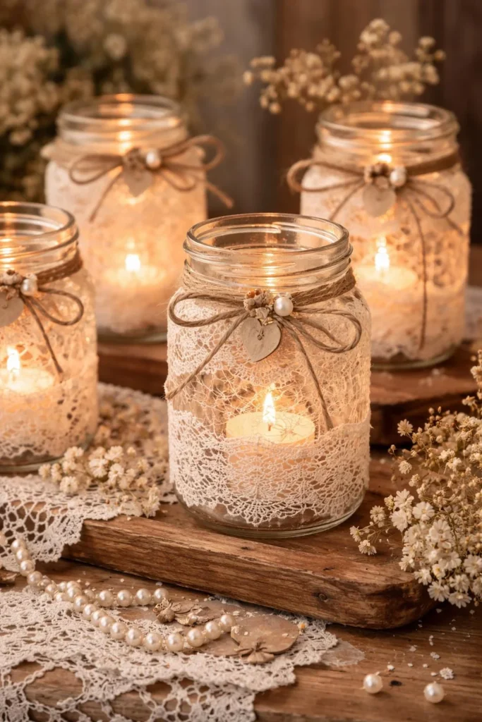 Handmade mason jar lantern wrapped in vintage lace with twine and dried flowers, perfect DIY lace crafts for business and cozy home decor.