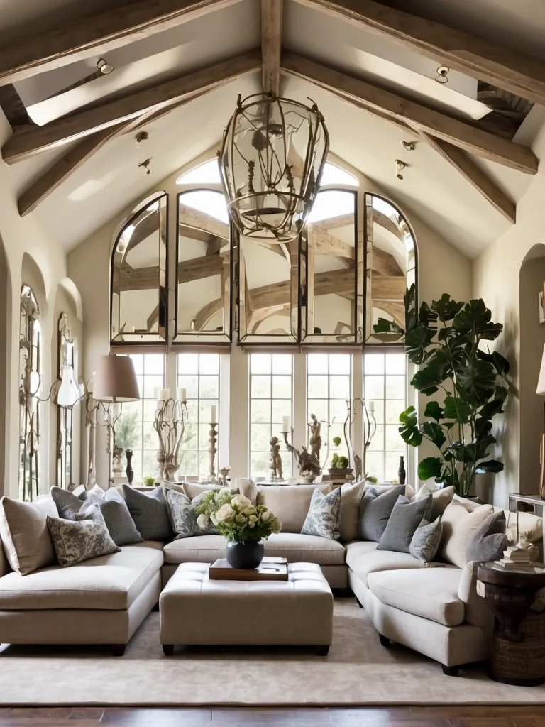 mirror wall ideas for vaulted ceiling living room