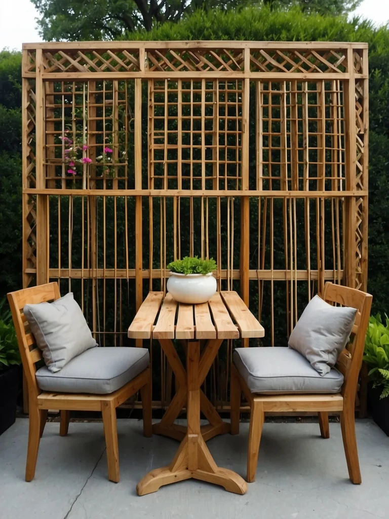 lattice backdrop behind outdoor seating are