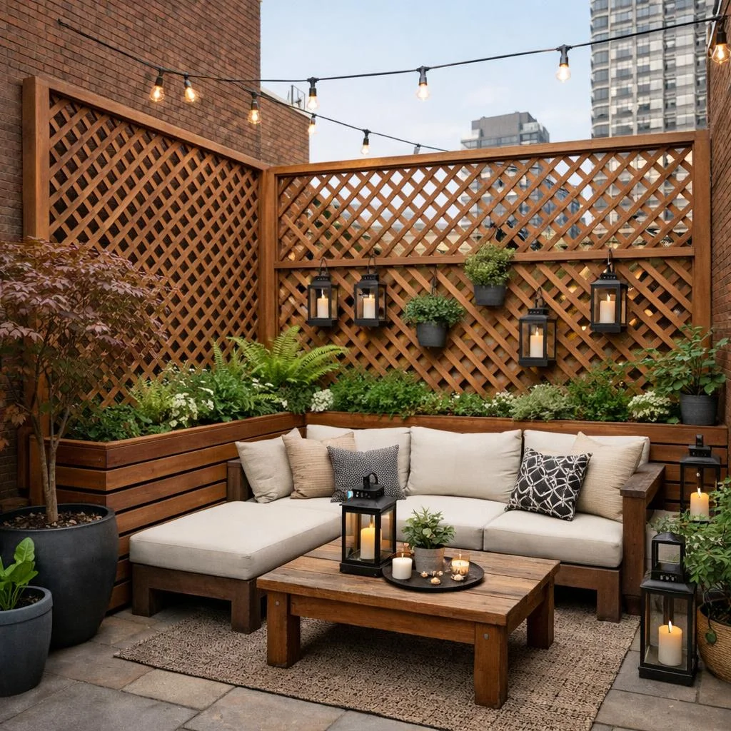 backyard lattice privacy wall with climbing plants