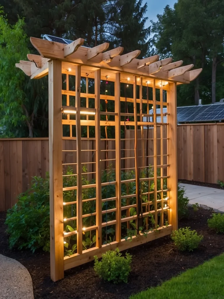 wood lattice trellis with solar lights for evening garden