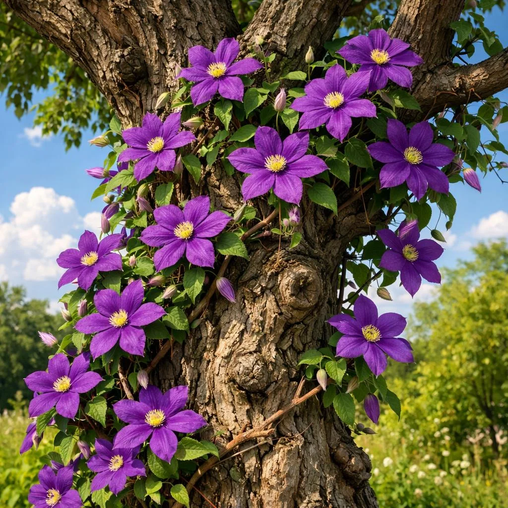 clematis climbing on tree trunk support