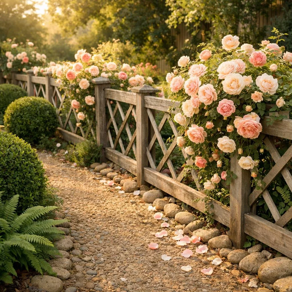 Low fence rose trellis supporting climbing roses along garden paths for a storybook walkway effect.