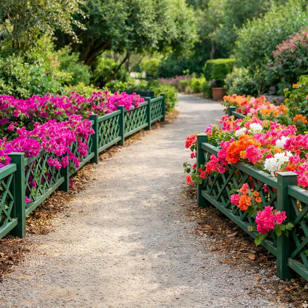 Low fence bougainvillea trellis ideas lining garden paths with cascading climbing blooms.
