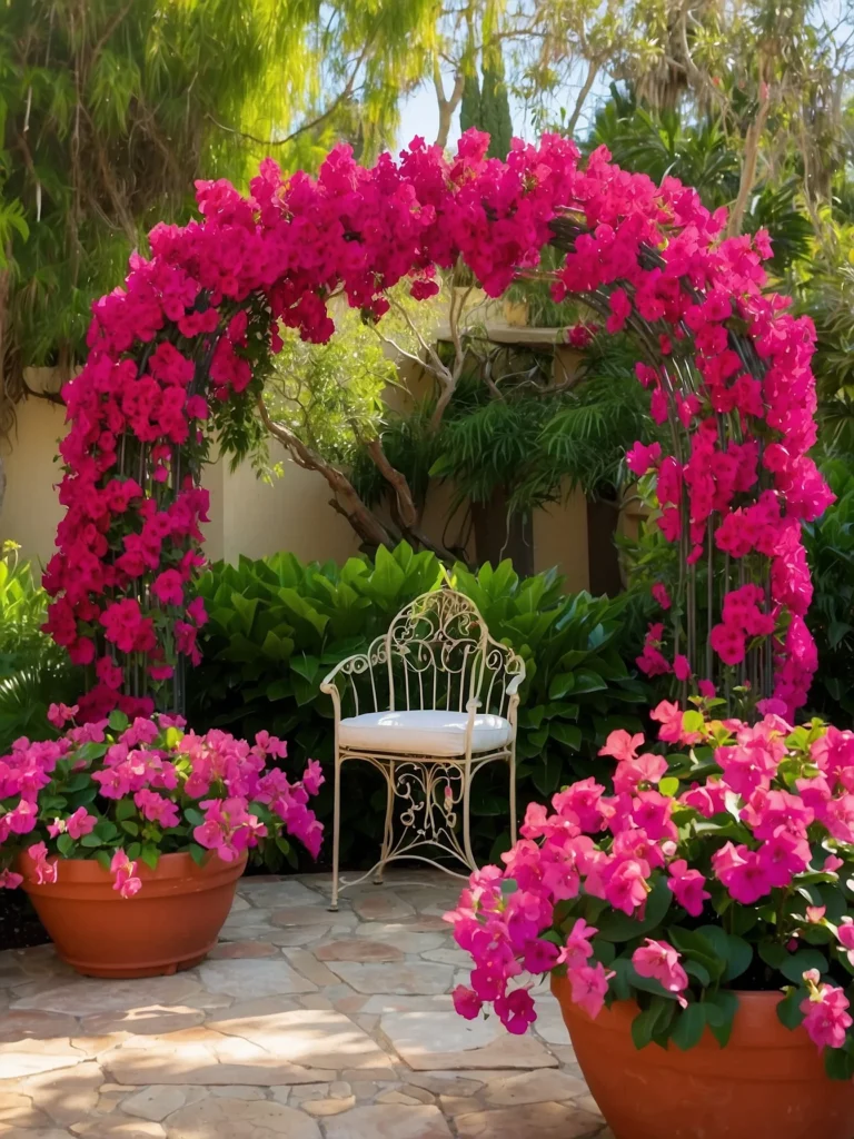 Elegant metal arch trellis with climbing bougainvillea providing sturdy vertical support and colorful blooms.