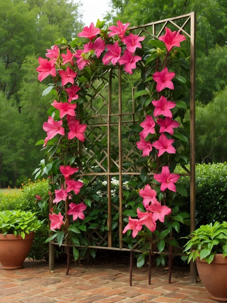Sturdy metal frame trellis with lush mandevilla vines growing vertically in a backyard garden.