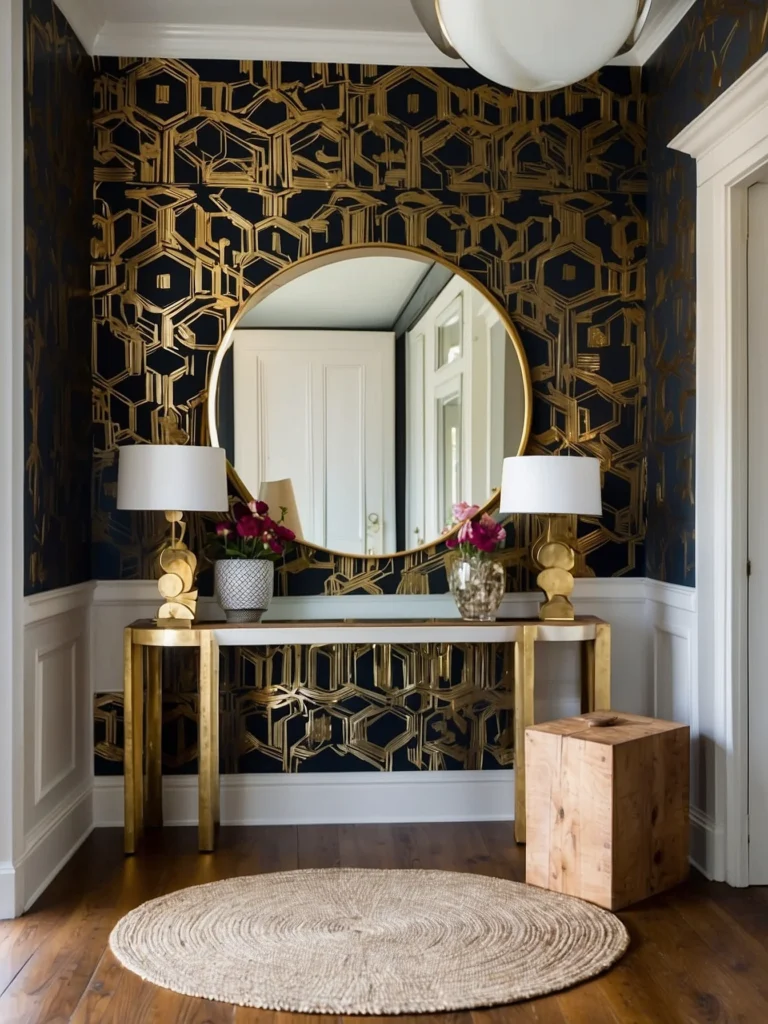 Metallic gold accented entryway wallpaper ideas adding luxury shine to stylish hallway design.