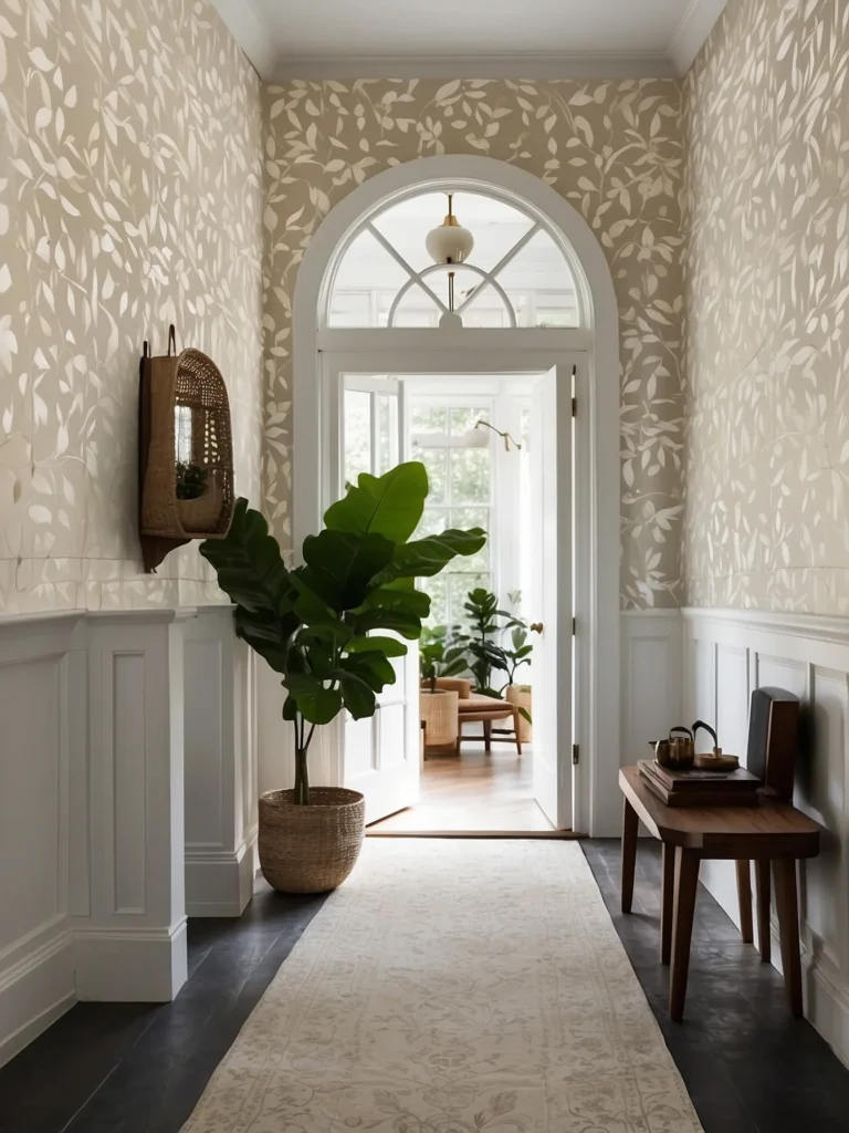 Minimalist neutral entryway wallpaper with soft beige textured wall covering in Scandinavian hallway.