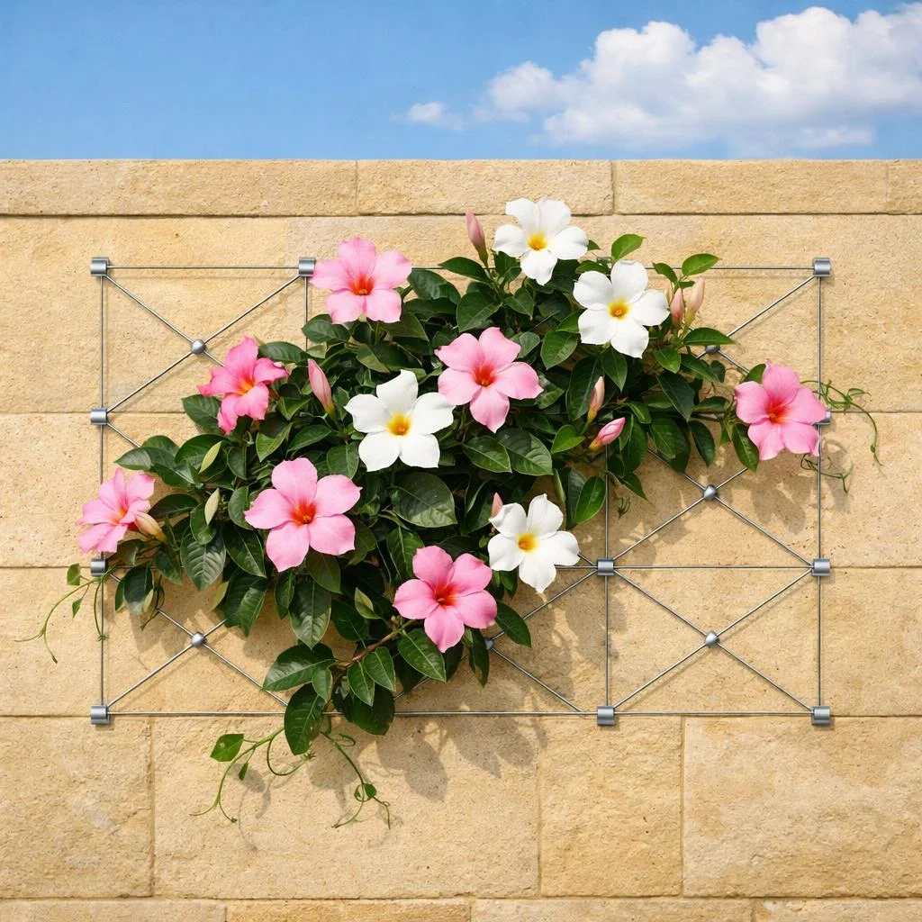 Minimalist wall wire and clip trellis guiding mandevilla climbing vine upward on an exterior sunlit wall.