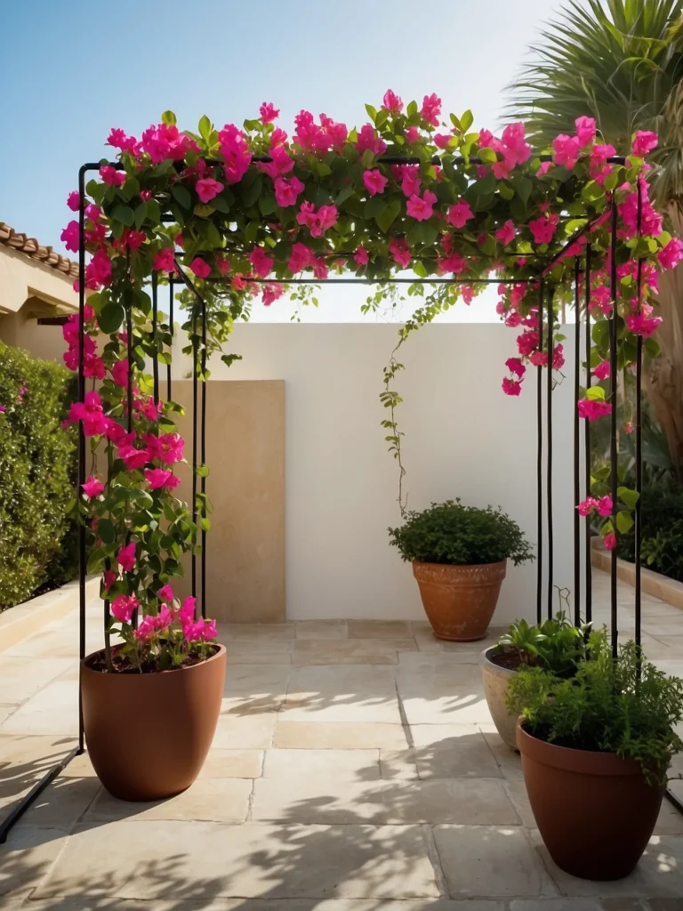 Modern wire trellis for bougainvillea climbing plants, creating sleek vertical support without blocking blooms.