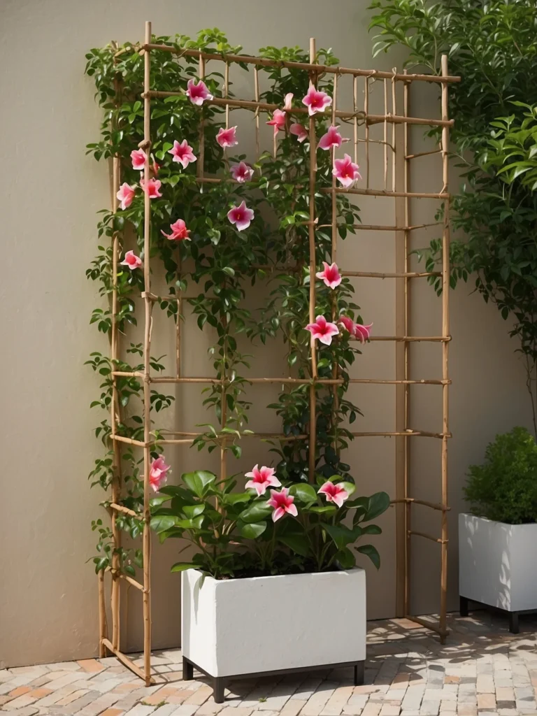 Minimalist wire trellis supporting mandevilla climbing plant against a modern patio wall.