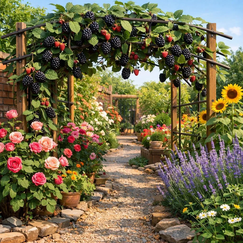 mixed plant blackberry trellis garden
