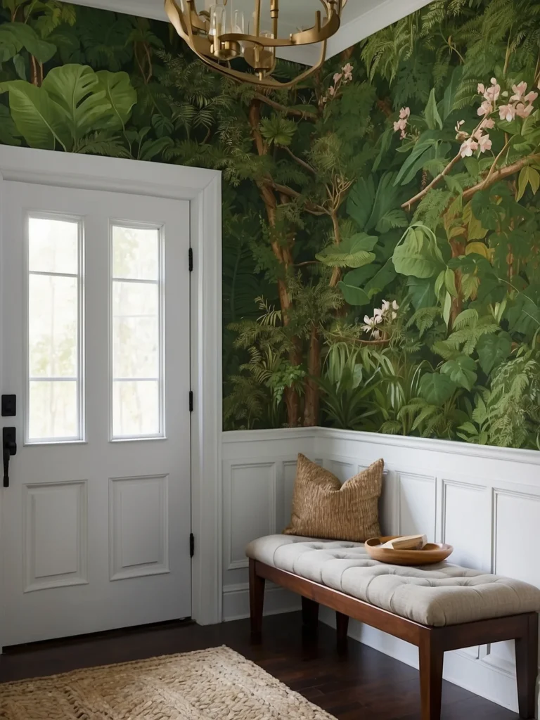 Nature inspired wallpaper mural in entryway creating bold statement wall with artistic hallway design.