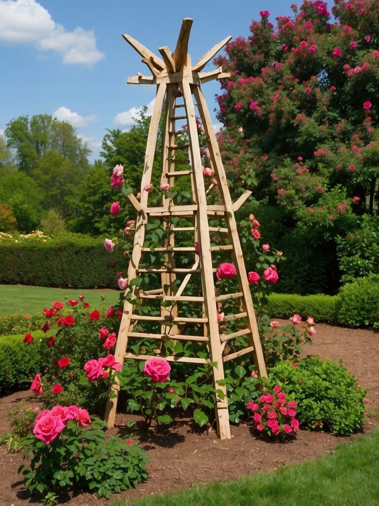 Obelisk tower trellis for climbing roses, giving height and dramatic vertical display in the garden.