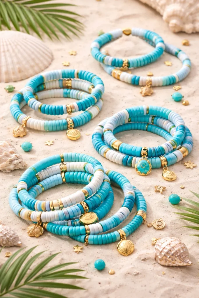 Ocean inspired clay bead bracelet in turquoise and white with shell charm, beach vacation accessory idea