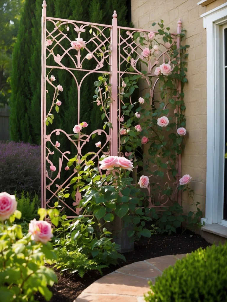 Decorative painted metal trellis panels supporting climbing roses and adding artistic flair to a garden.