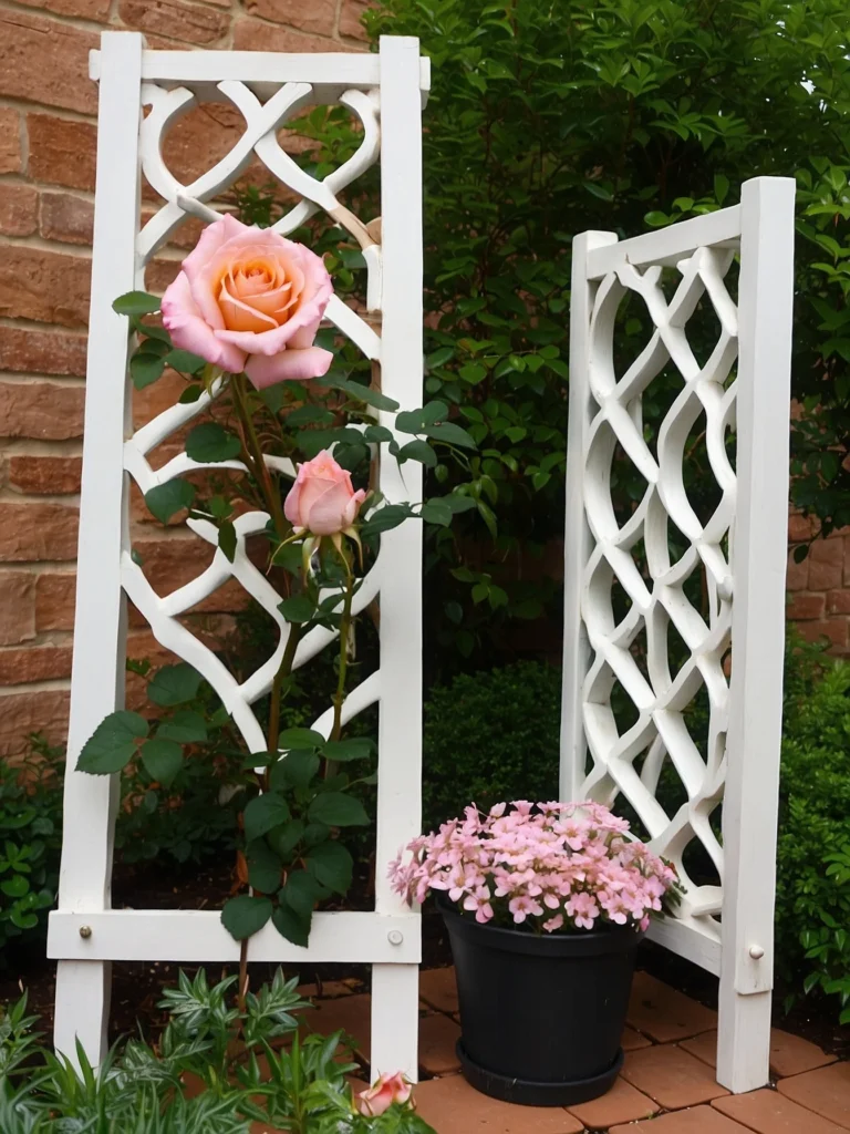 Colorful painted wooden rose trellis ideas enhancing climbing roses with vibrant vertical support.