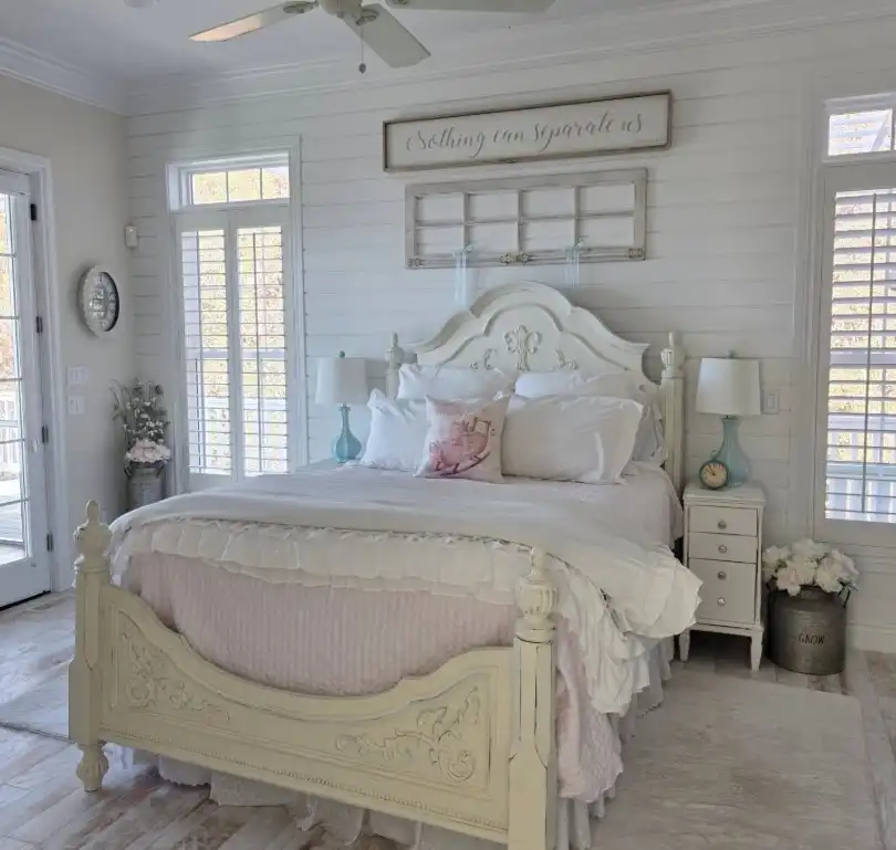 Vintage feminine bedroom ideas with pastel color palette, soft textiles, and shabby chic elegance