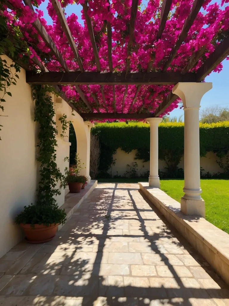 Pergola trellis with bougainvillea vines creating a shaded vertical garden canopy over outdoor seating.