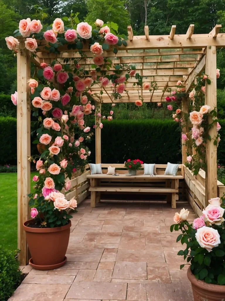 Pergola trellis with climbing roses creating a shaded outdoor seating area and vertical garden canopy.