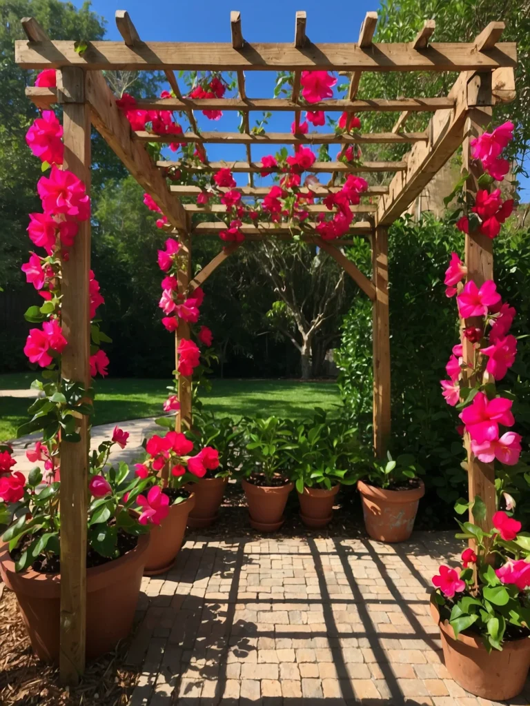 Pergola covered in lush mandevilla vines forming a shaded outdoor seating area with bright trumpet flowers.