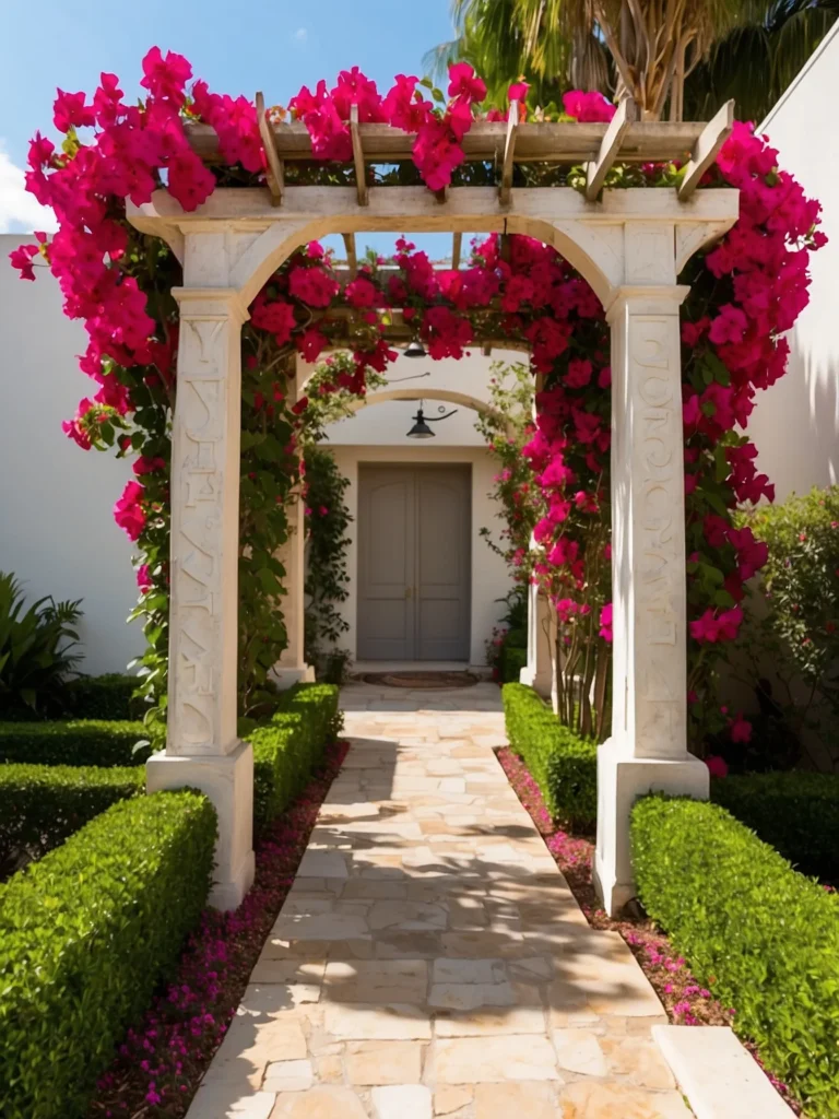 Tall pillar trellis ideas supporting bougainvillea vines, adding vertical structure and garden elegance.