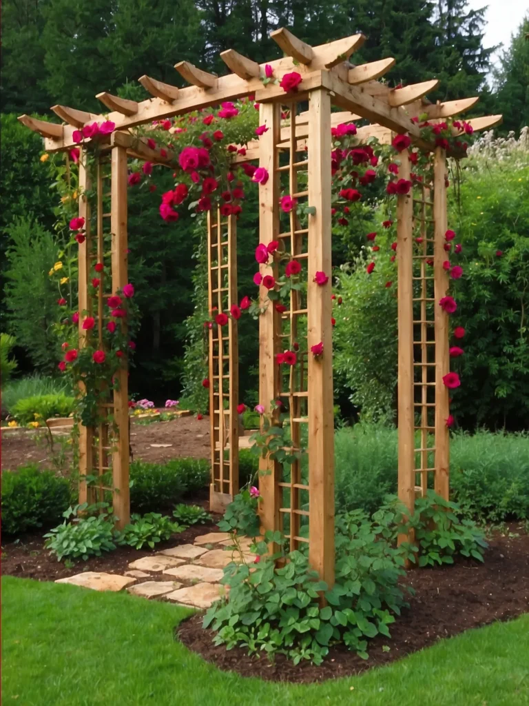 Pillared rose trellis supporting vertical growth of climbing roses for a decorative garden corner.