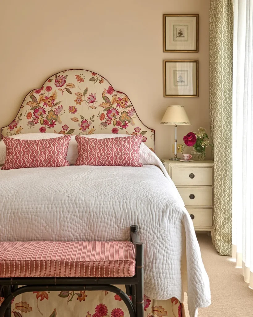 Vintage feminine bedroom ideas with blush pink walls, floral accents, and romantic soft furnishings