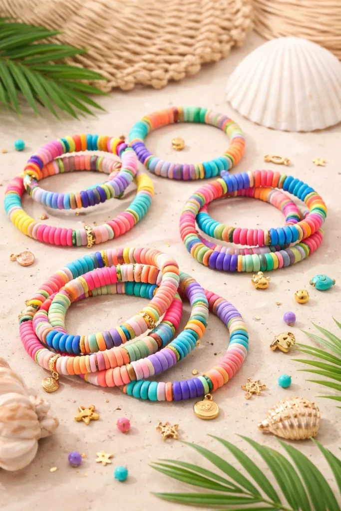 Rainbow heishi clay bead bracelet with colorful stacked design, fun handmade jewelry for teens and young buyers
