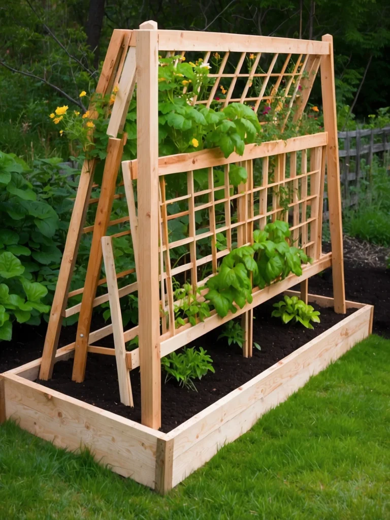 raised garden bed with attached lattice plant support