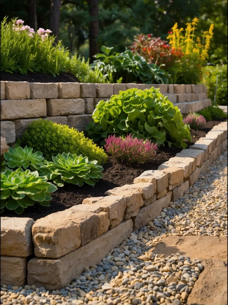 raised garden beds above retaining wall