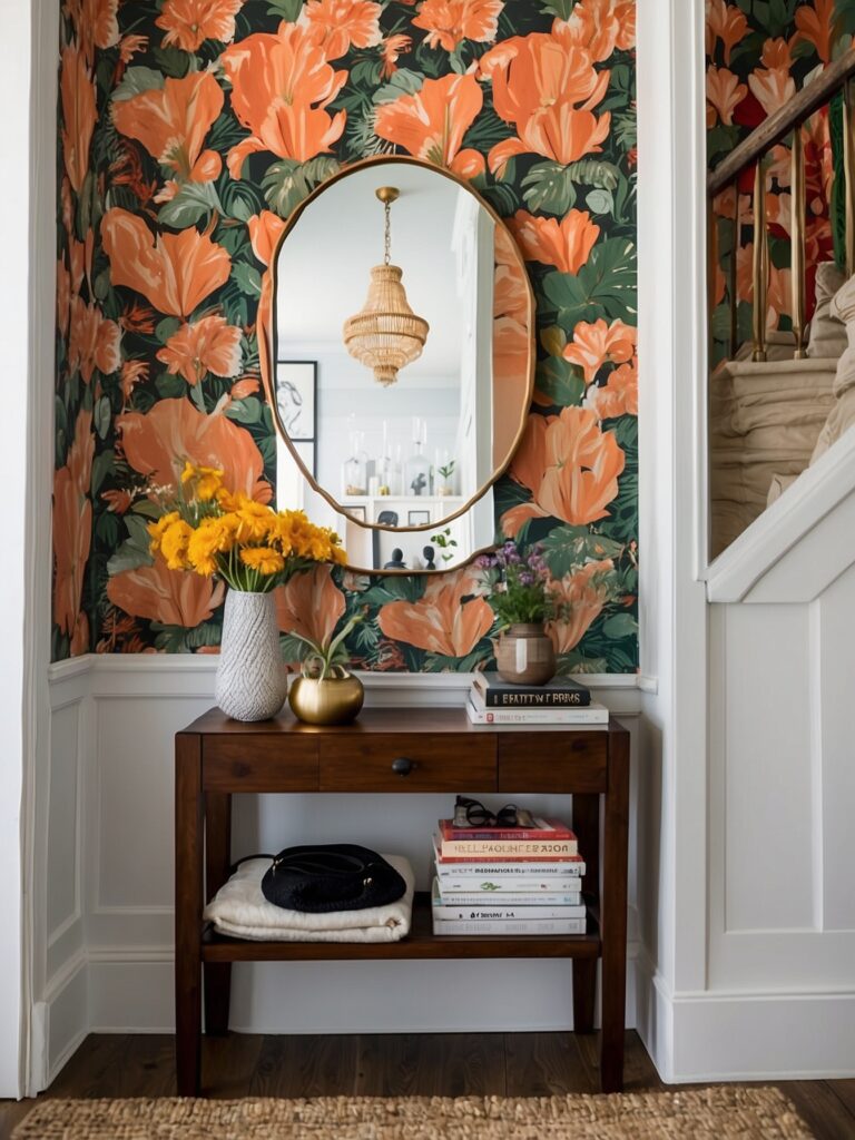 Removable wallpaper inspiration for small entryway featuring peel and stick patterned wall design.