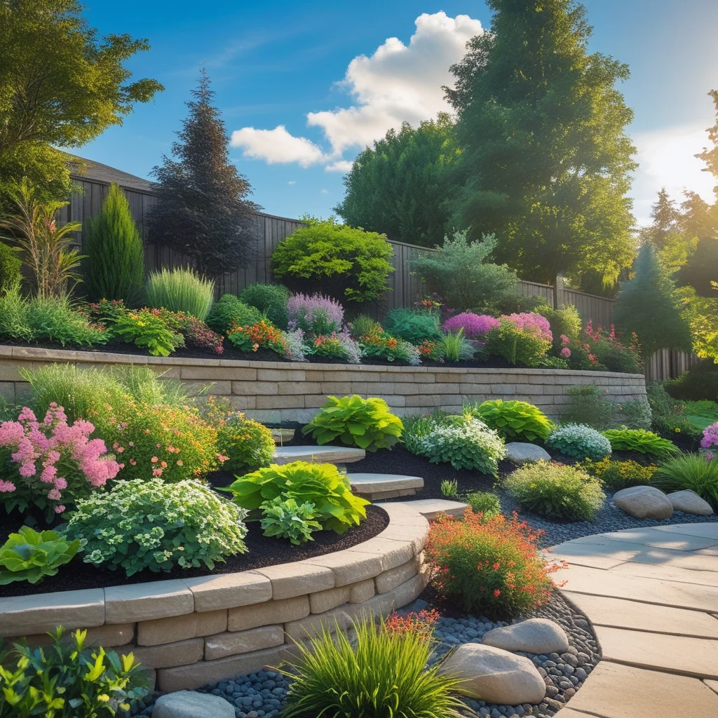 retaining wall with mixed height plants