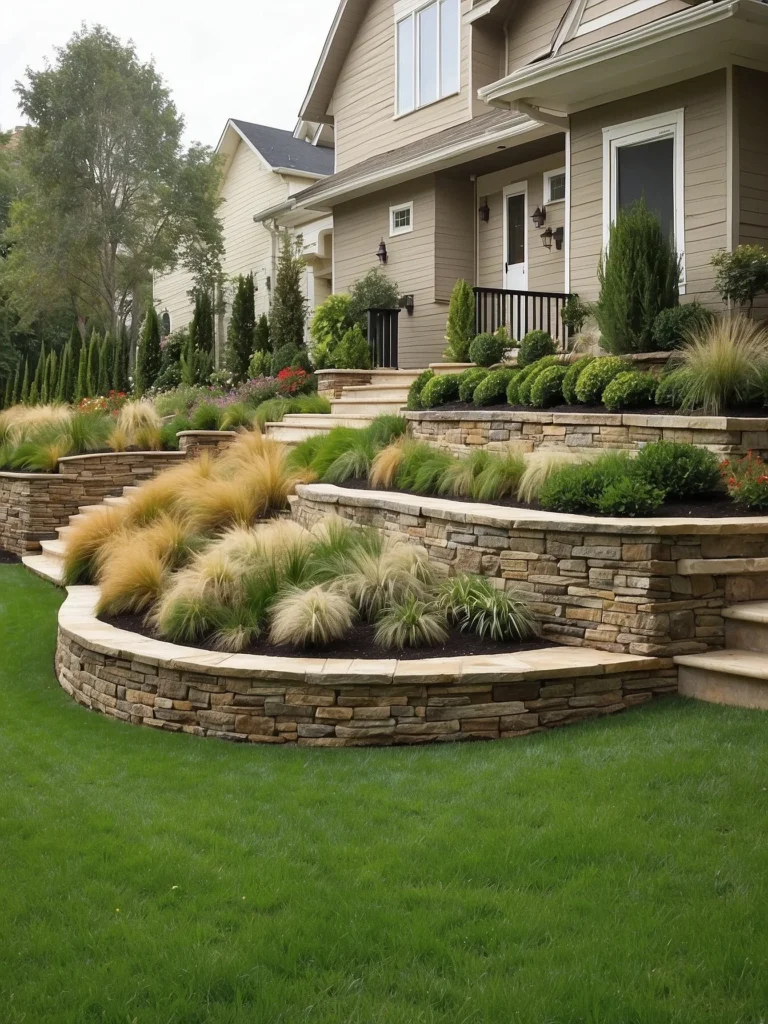 retaining wall with ornamental grasses landscaping