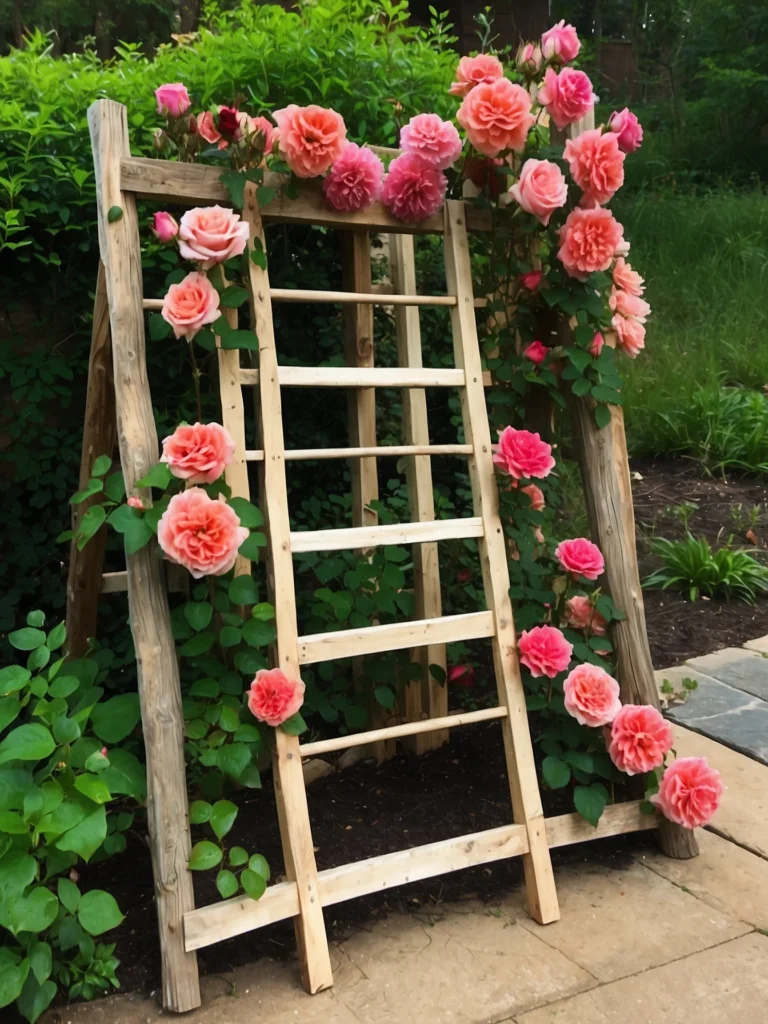 Rustic ladder-style trellis supporting climbing roses, adding charm and vertical interest in a cottage garden.