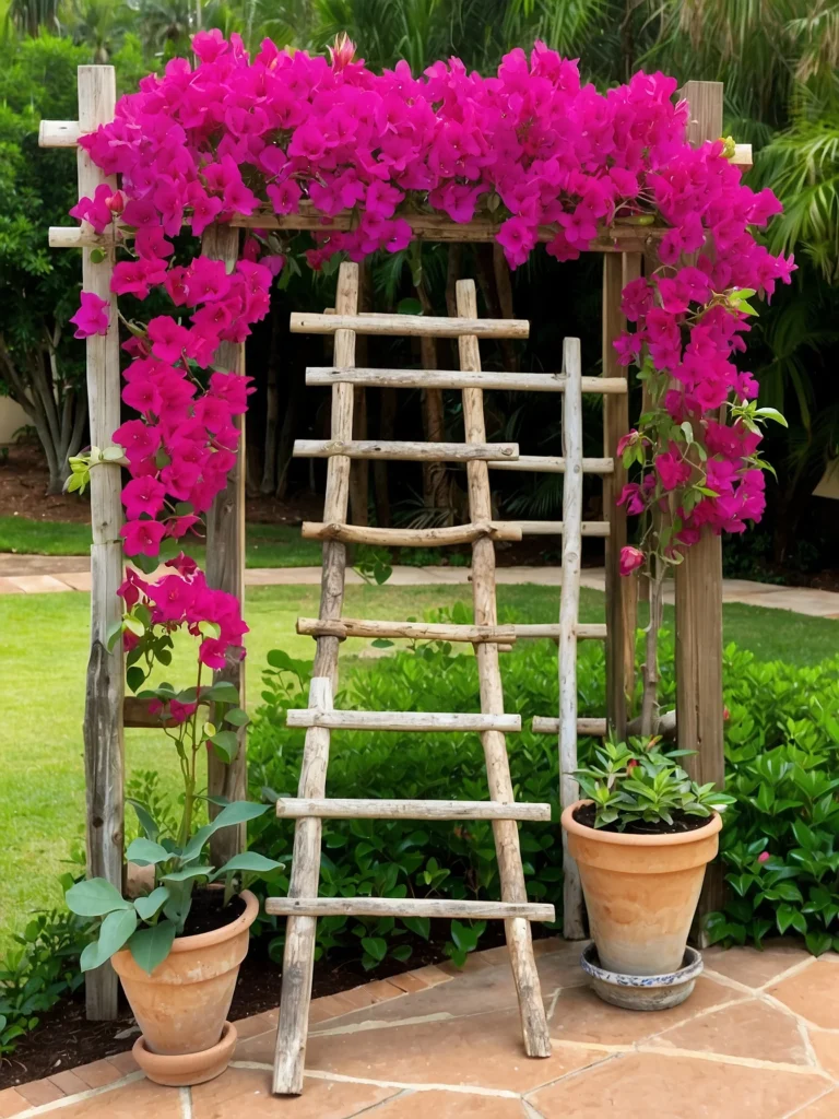 Upcycled wooden ladder bougainvillea trellis ideas offering rustic vertical garden support for climbing vines.