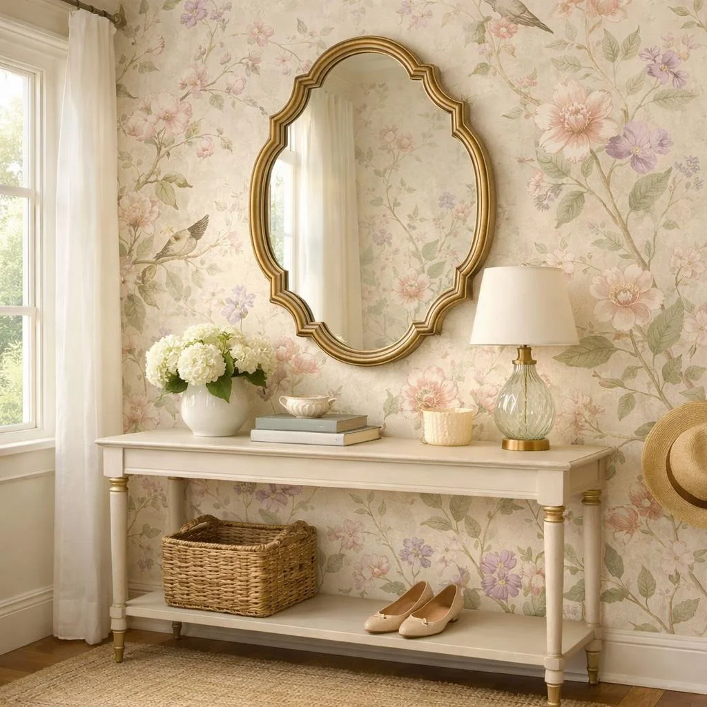Floral wallpaper for entry space with soft botanical prints creating warm and inviting entryway decor ideas.