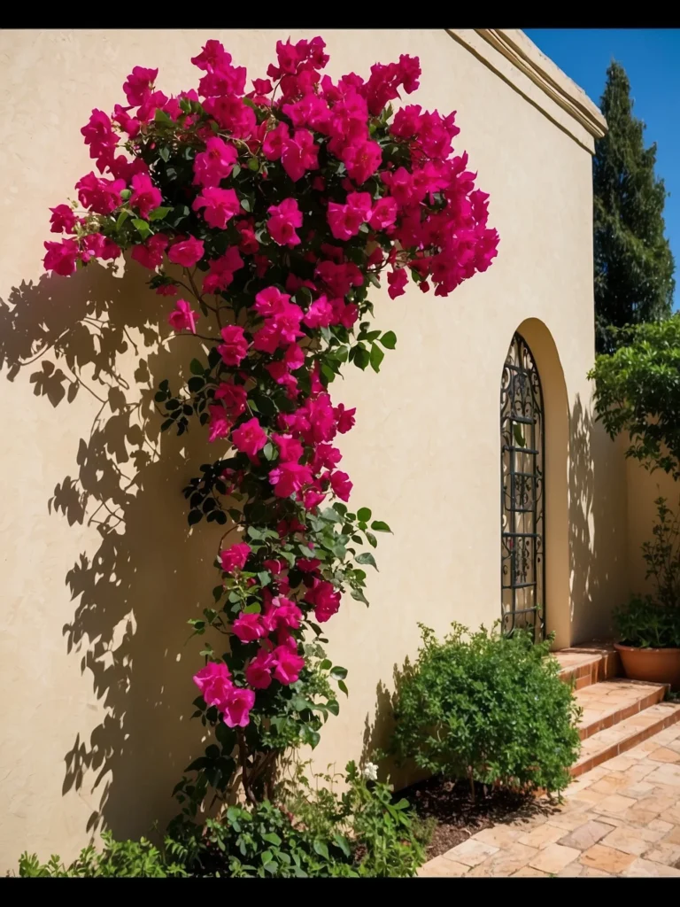 Spiral bougainvillea trellis design guiding climbing vines in artistic vertical patterns.
