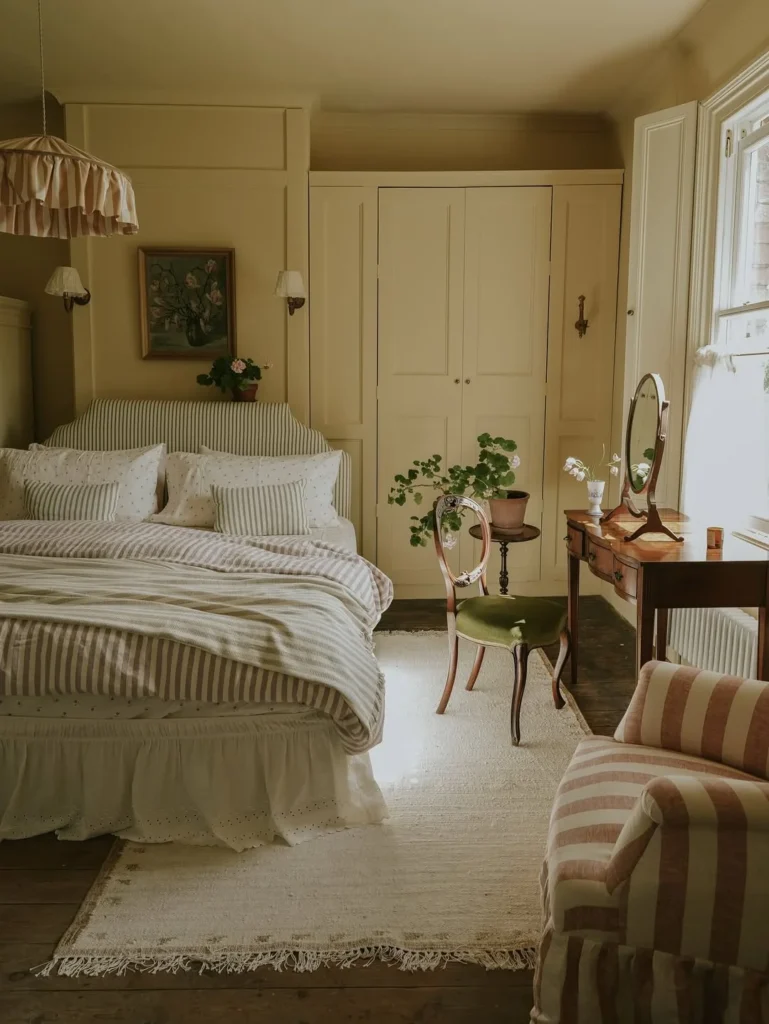 Vintage feminine bedroom ideas with striped bedding, sunlight-filled room, and airy vintage decor