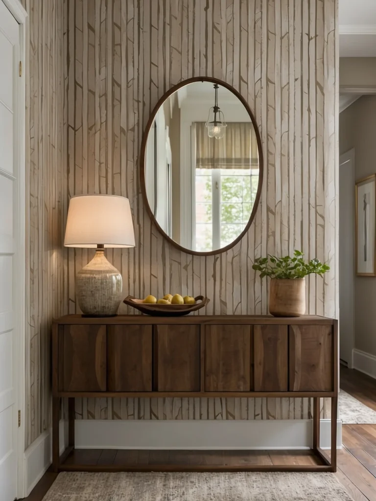 Subtle textured wallpaper for entryway in soft neutral tones enhancing modern hallway decor.