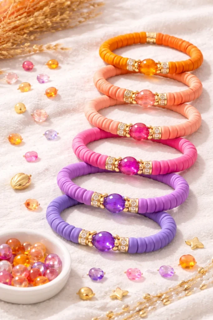 Sunset ombre clay bead bracelet blending orange coral and purple tones, aesthetic handmade jewelry design