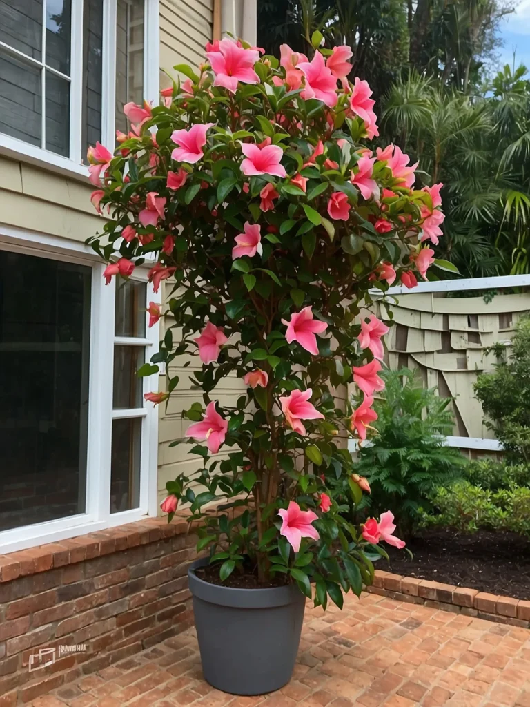 Tall net trellis supporting mandevilla vines for full vertical bloom coverage along a sunny fence.
