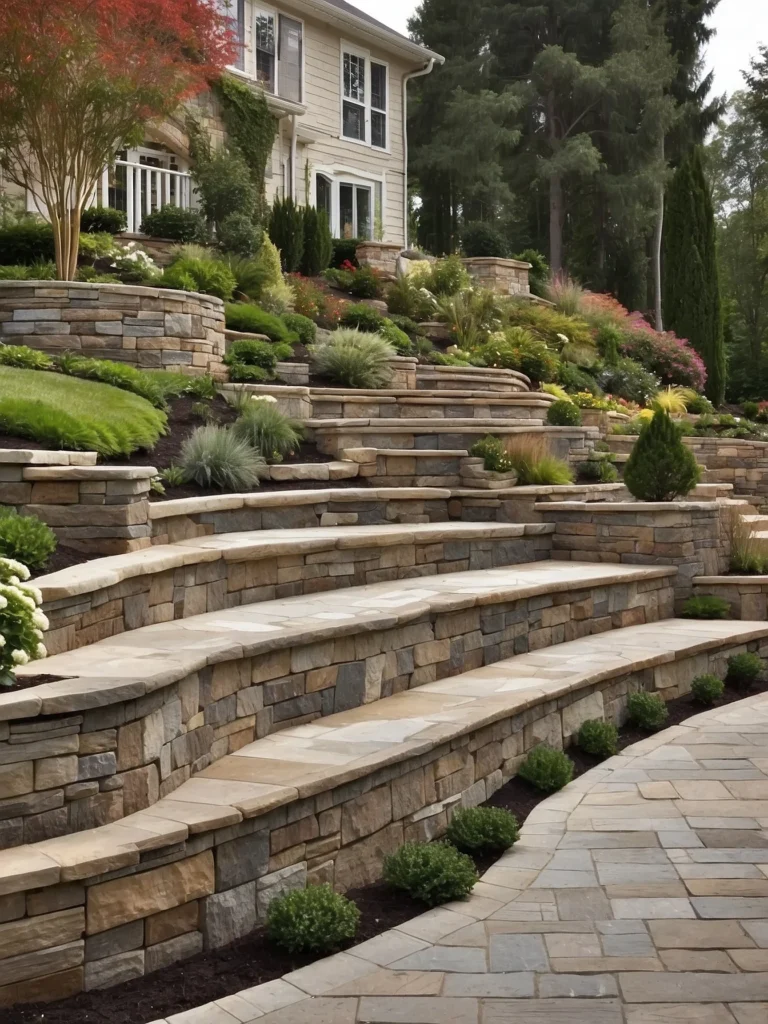 tiered stone retaining wall garden for sloped front yard