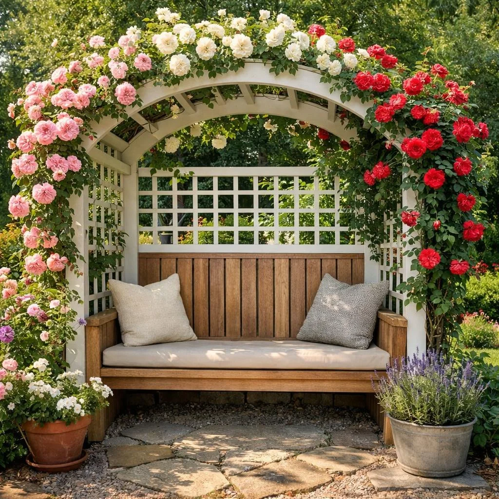 Rose trellis behind garden bench creating a romantic seating nook with vertical climbing rose blooms.