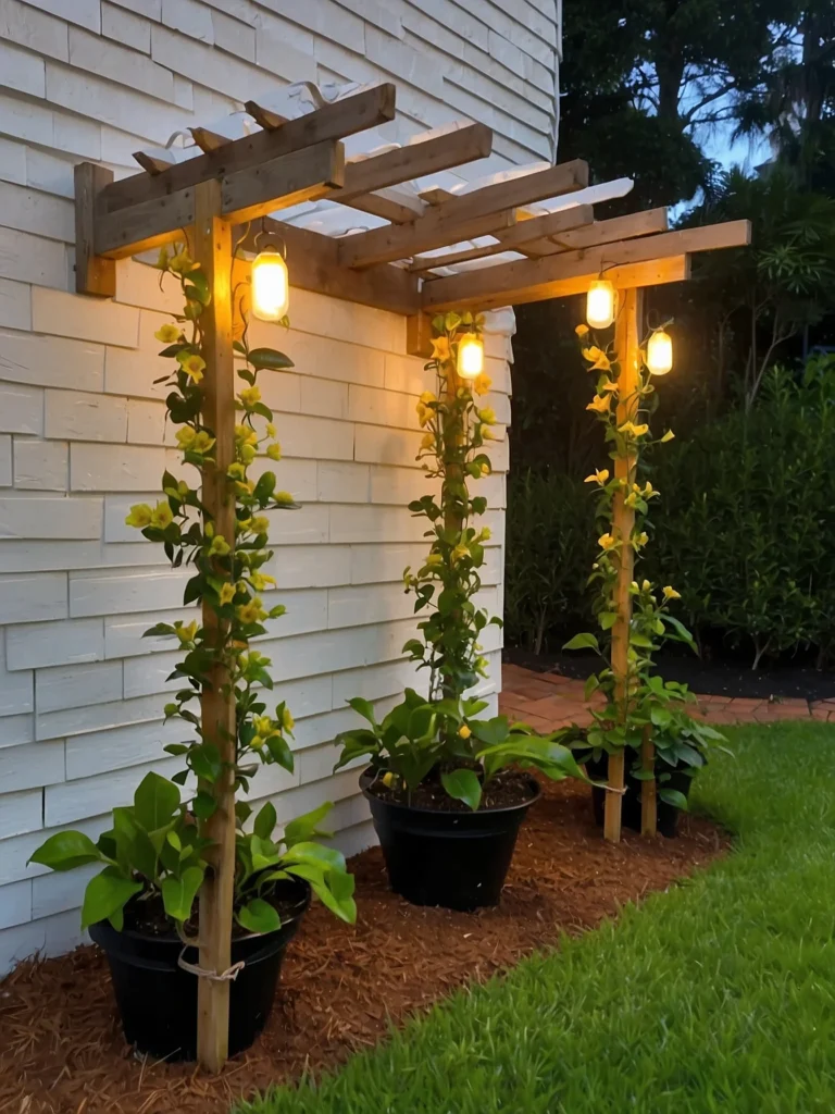 Mandevilla trellis decorated with solar lights highlighting vibrant tropical blooms at night.