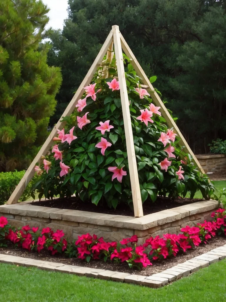 Triangular pyramid trellis structure supporting mandevilla climbing vine in a large garden container.