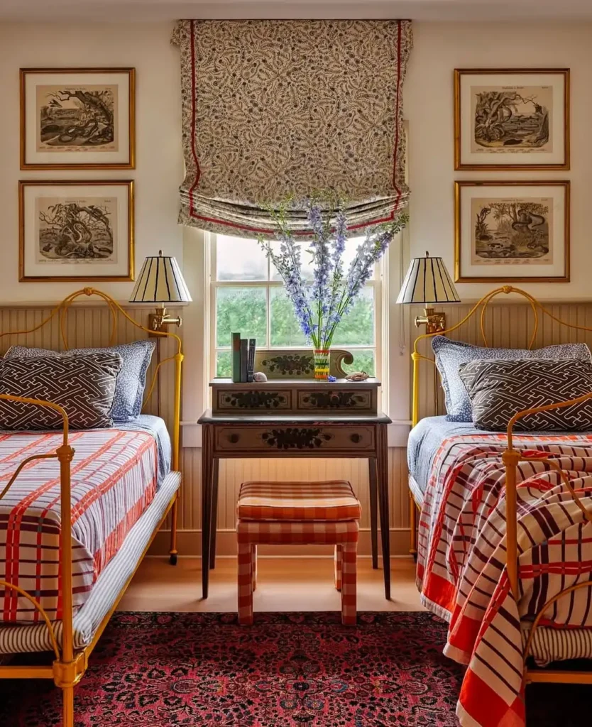 Vintage feminine bedroom ideas with colorful twin beds, patterned bedding, and playful vintage style